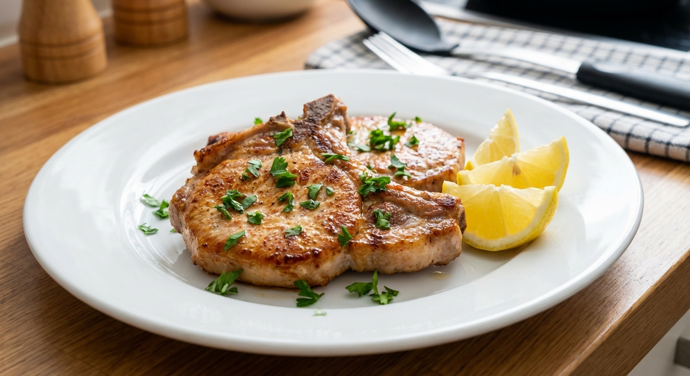 Two seared pork chops resting on a plate with lemon wedges and chopped parsley