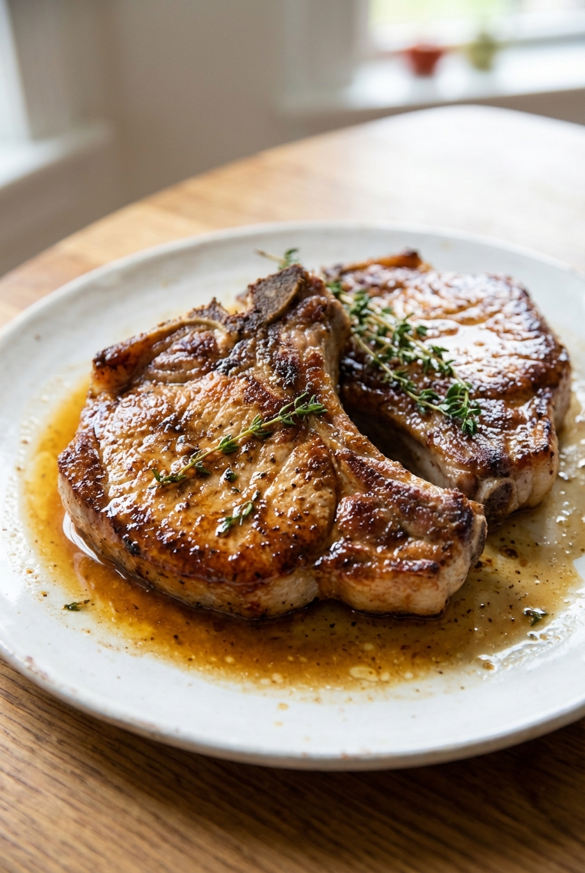 Two seared pork chops resting on a plate with pan juices
