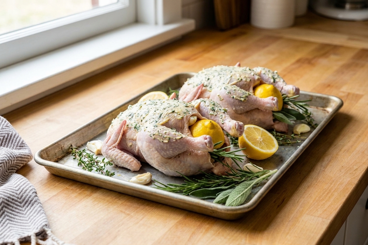 Two seasoned Cornish game hens on a sheet pan, with lemon halves and smashed garlic tucked under and inside the birds, ready to roast