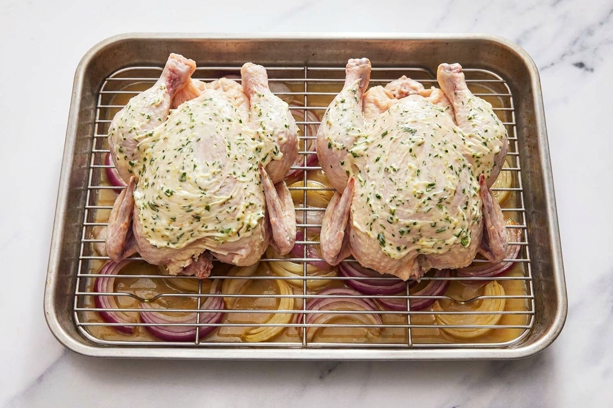 Two seasoned Cornish game hens on a wire rack set in a roasting pan with sliced onion and a little broth in the bottom