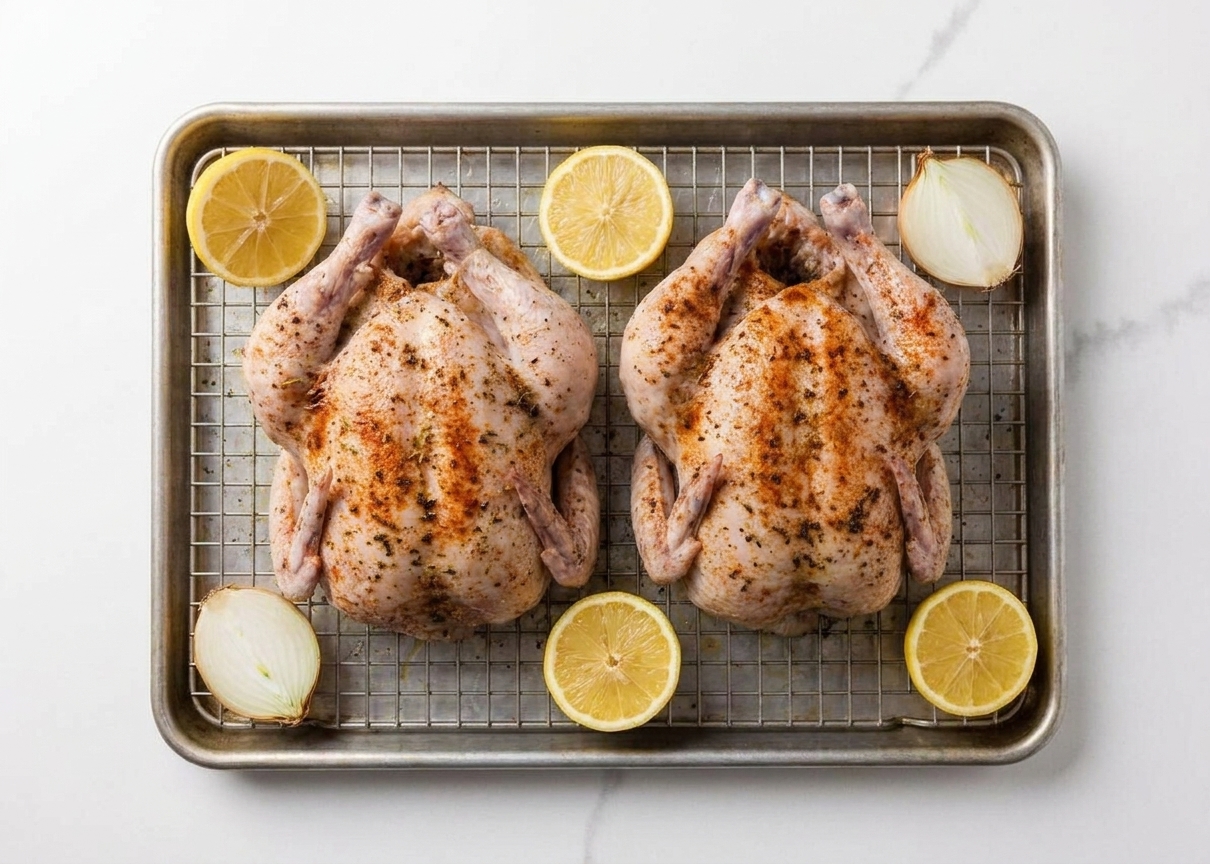 Two seasoned Cornish hens on a wire rack set in a rimmed baking sheet with lemon halves and onion quarters