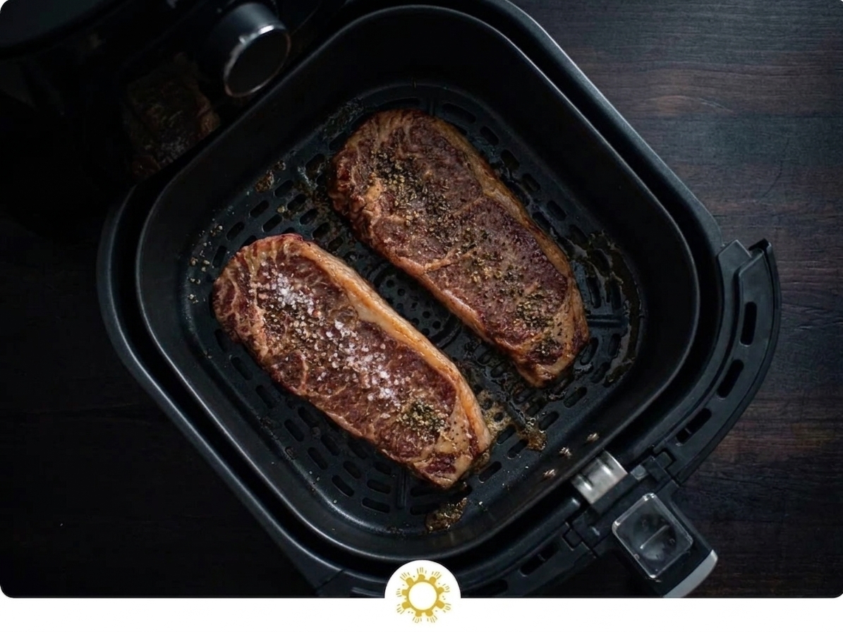 Two seasoned steaks cooking in an air fryer basket