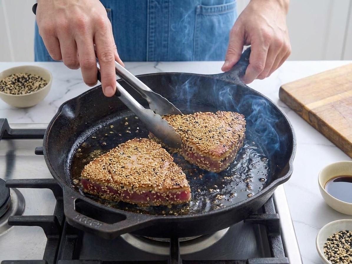 Two sesame-crusted ahi tuna steaks searing in a hot cast iron skillet with lightly smoking oil on a stovetop