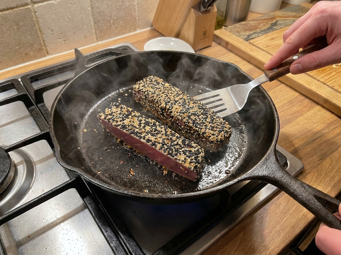 Two sesame-crusted tuna steaks searing in a hot cast iron skillet on a stovetop with light wisps of steam