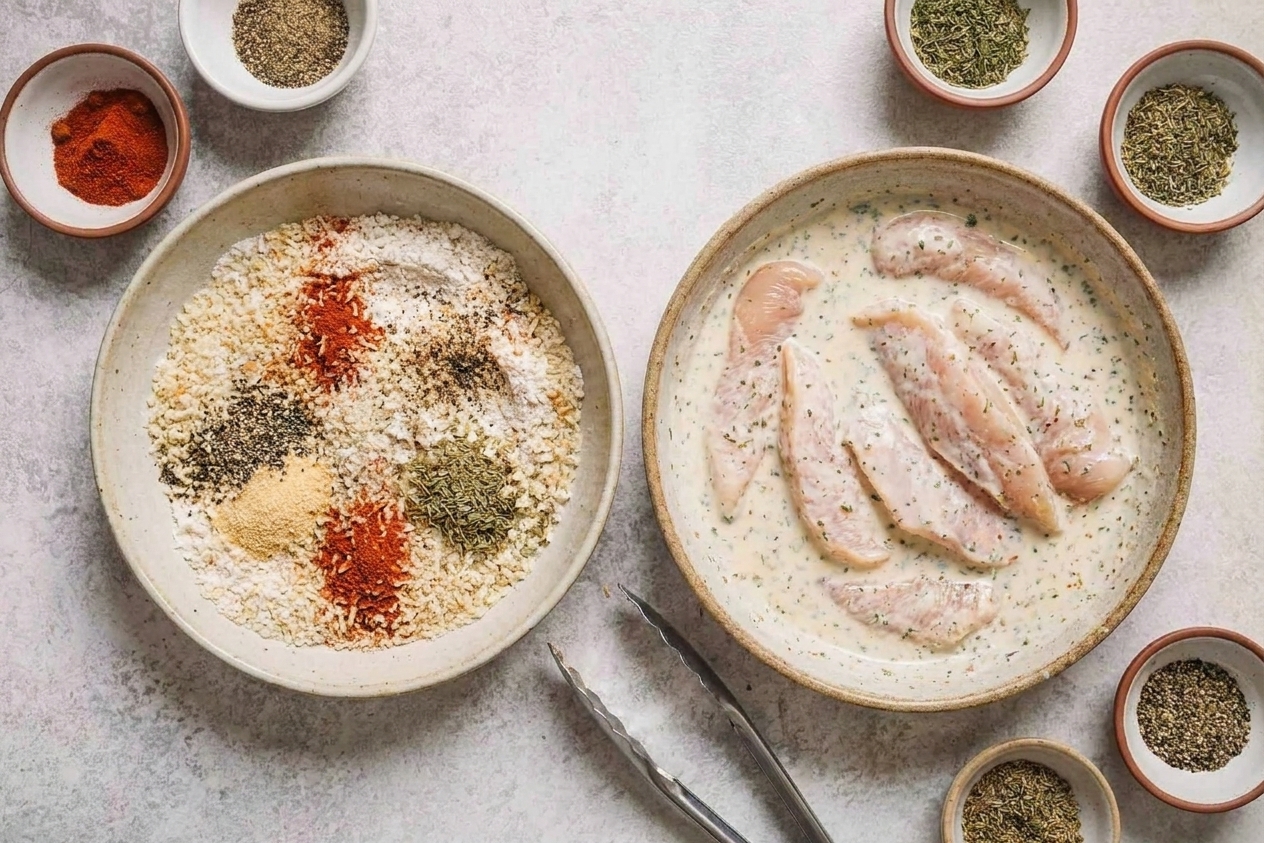 Two shallow bowls on a kitchen counter set up for breading chicken, with seasoned flour in one bowl and raw chicken tenders in buttermilk in the other