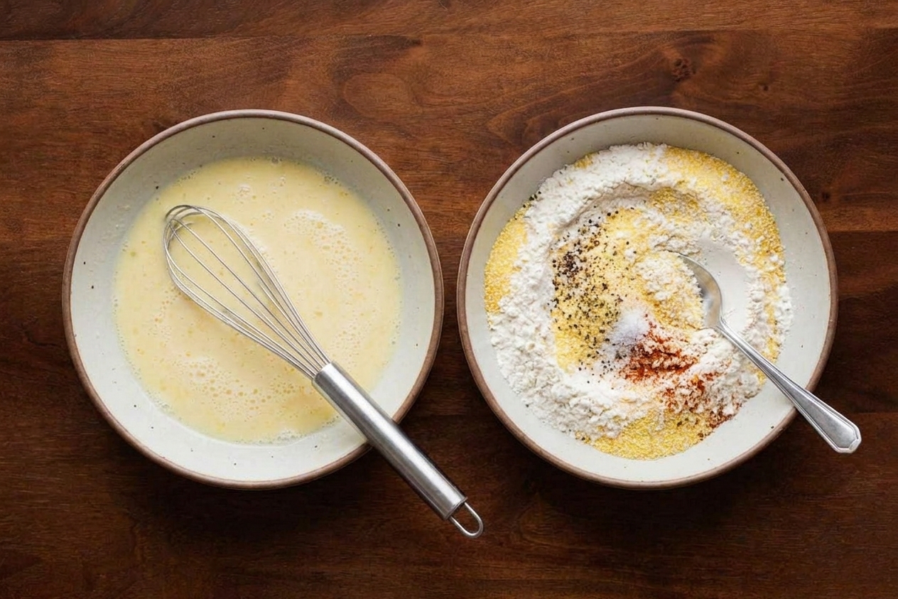 Two shallow bowls prepared for dredging, one with a buttermilk egg mixture and one with seasoned flour and cornmeal