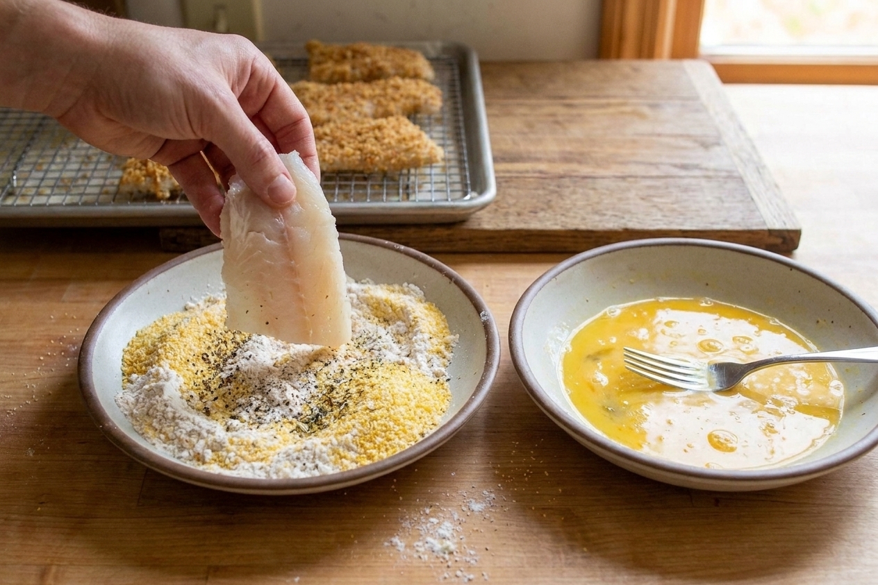 Two shallow bowls set up for breading fish, one with seasoned flour and cornmeal and one with beaten eggs, on a bright kitchen counter