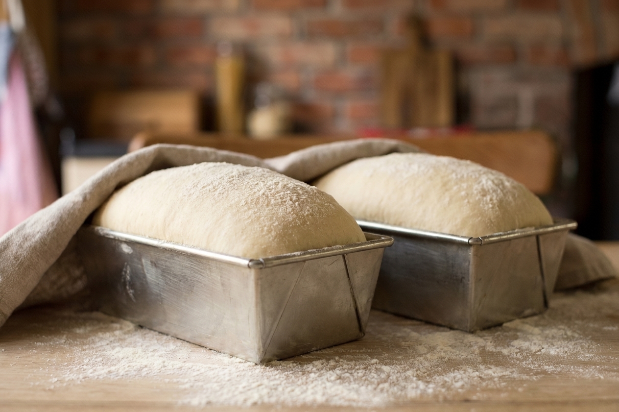 Two shaped bread dough loaves rising in greased loaf pans on a kitchen counter