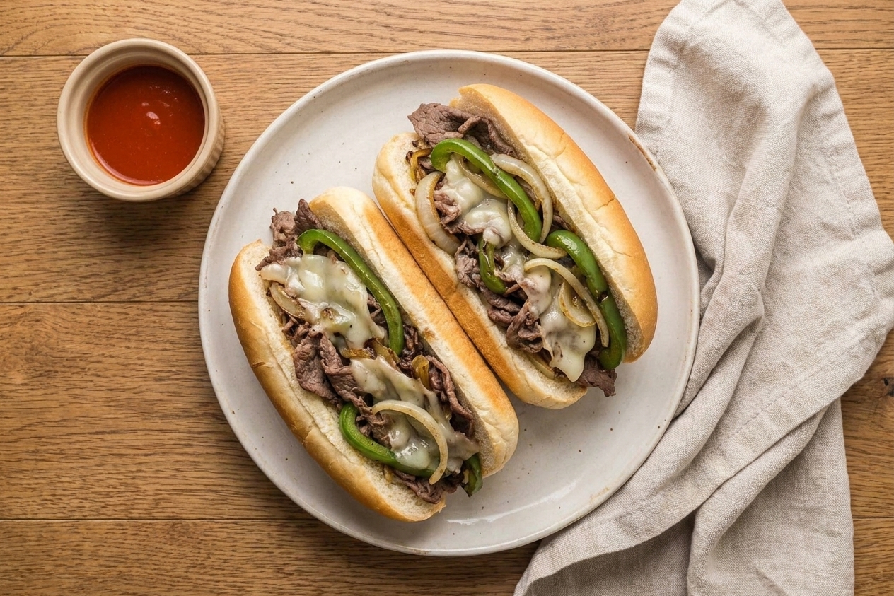 Two shaved steak sandwiches on a simple plate with a small ramekin of hot sauce and a neutral linen napkin on a wooden table