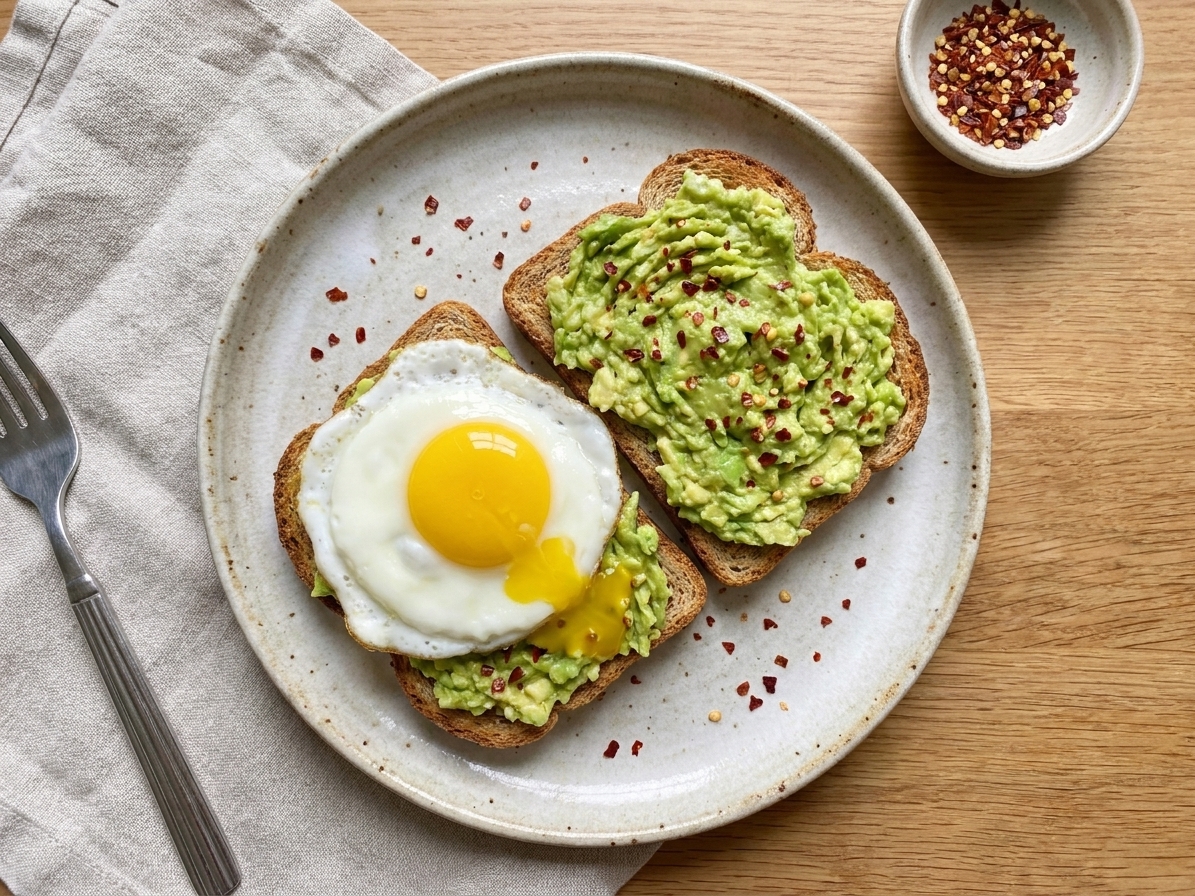 Two slices of Ezekiel avocado toast on a ceramic plate with chili flakes and a fried egg on top, set on a simple kitchen table