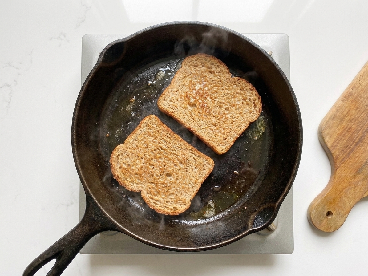 Two slices of Ezekiel bread browning in a skillet on a stovetop with lightly crisped edges