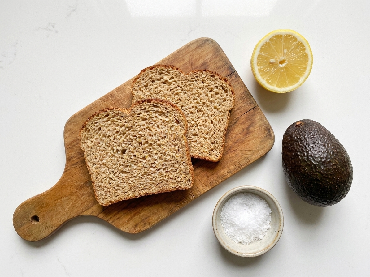 Two slices of Ezekiel bread on a wooden cutting board next to a halved lemon, a ripe avocado, and a small bowl of flaky salt on a bright kitchen counter