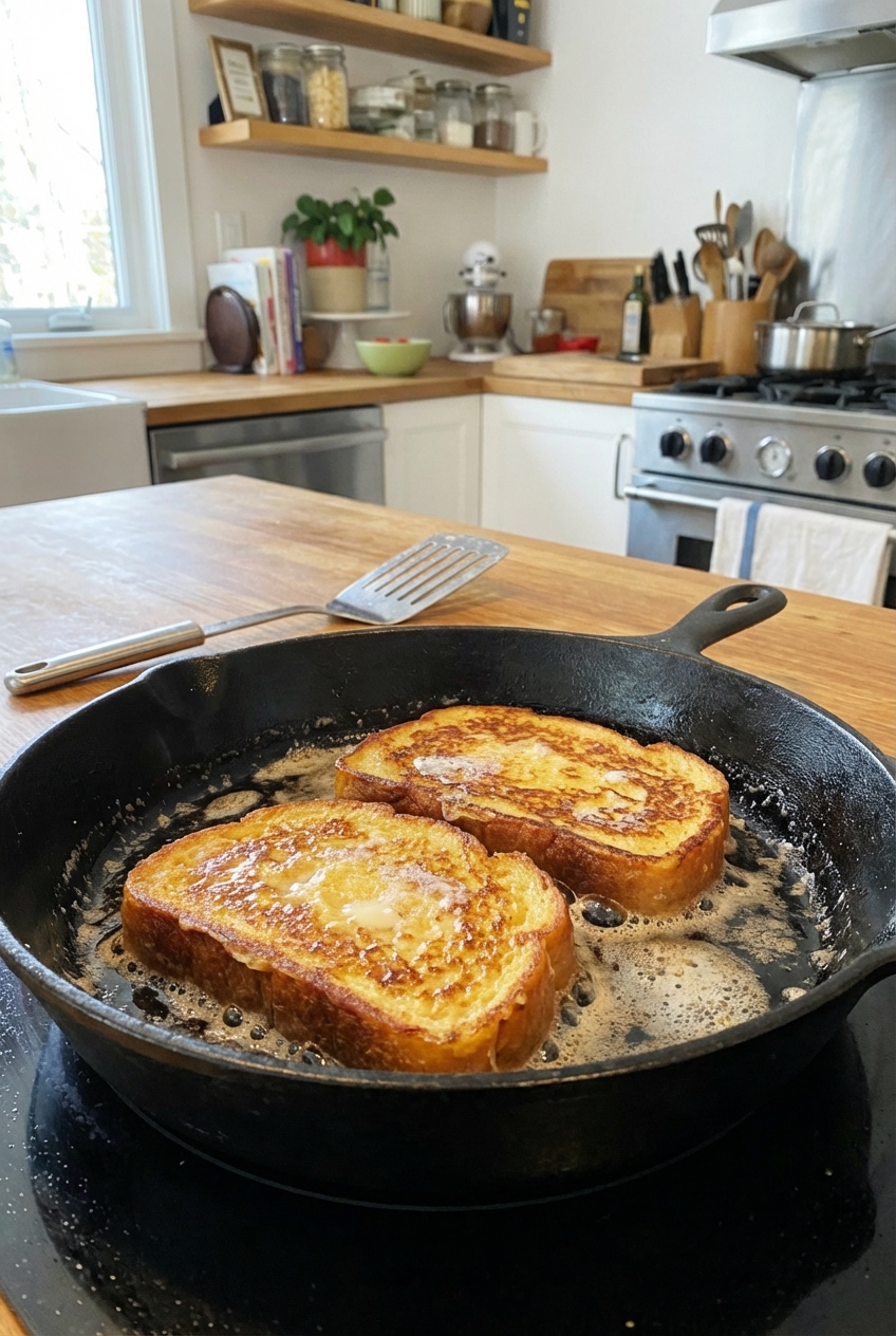 Two slices of French toast browning in a buttered skillet with a spatula nearby