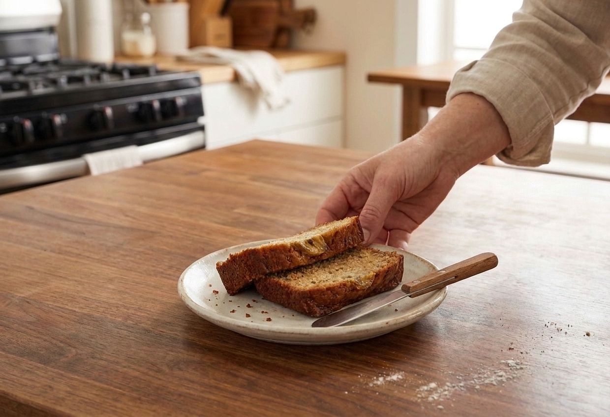 Two slices of banana bread on a small ceramic plate with a butter knife on a cozy kitchen table