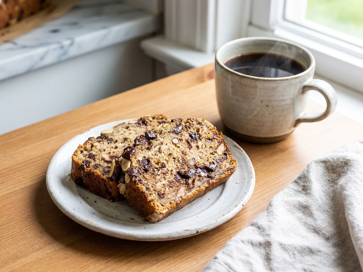 Two slices of banana chocolate chip bread on a small plate beside a mug of coffee on a simple kitchen table setting