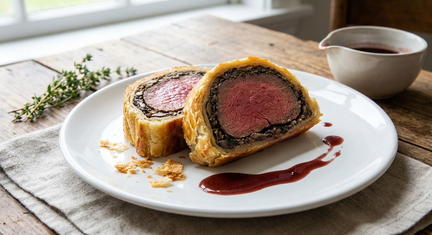 Two slices of beef Wellington on a white plate, showing a rosy medium-rare center surrounded by mushroom duxelles and puff pastry, with flaky crumbs on the plate, photorealistic food photography