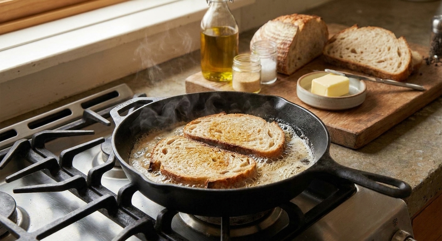 Two slices of bread sizzling in a buttered skillet with foaming butter around the edges