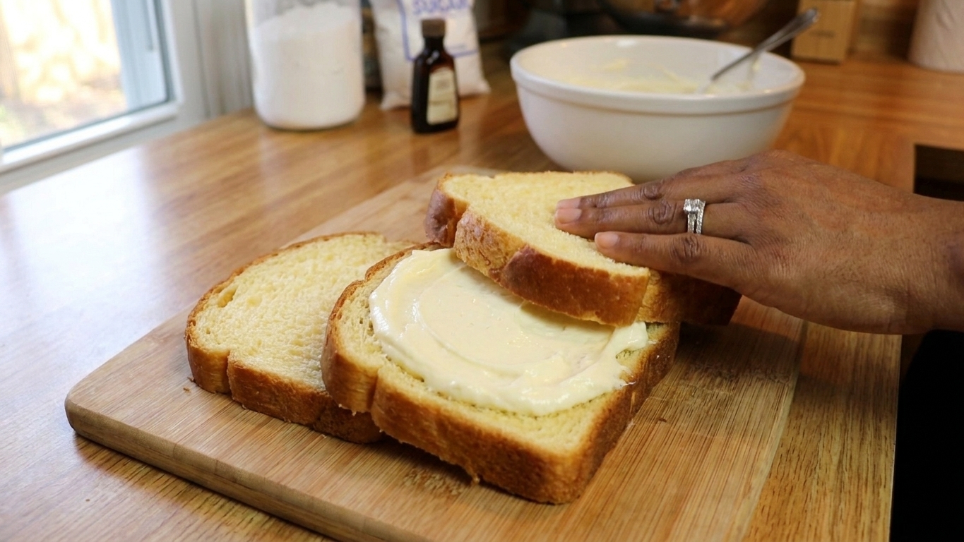 Two slices of brioche pressed together with a layer of cream cheese filling to form a stuffed French toast sandwich on a cutting board