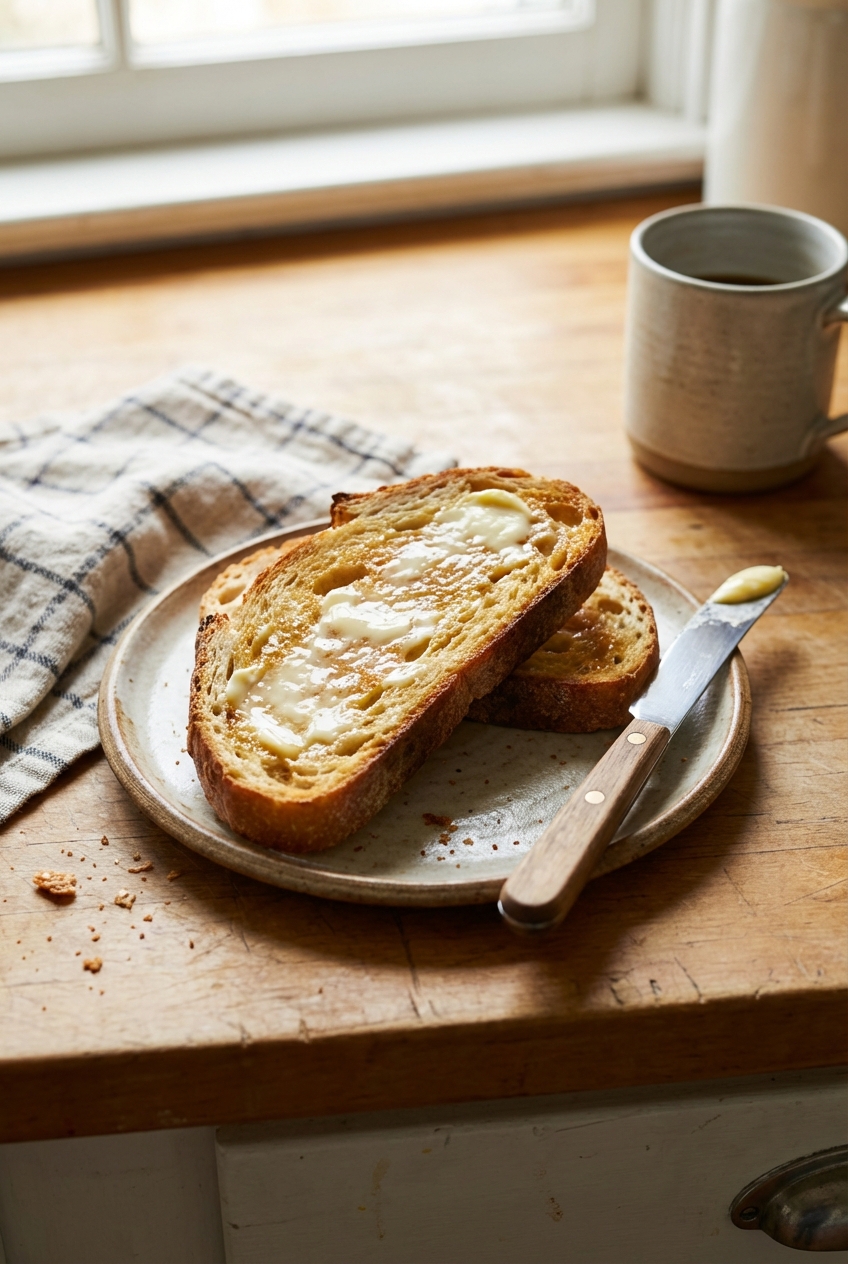 Two slices of buttered toast on a small plate with a knife beside it