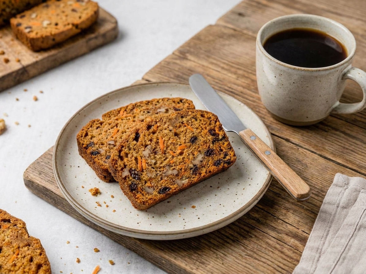 Two slices of carrot bread on a ceramic plate with a butter knife and a mug of coffee on a wooden table