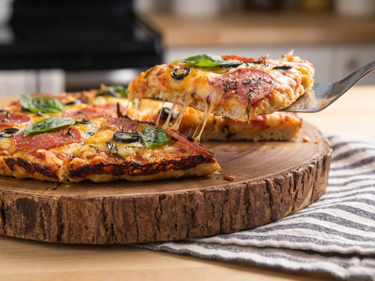 Two slices of chicken crust pizza being lifted from a cutting board with a spatula, showing a crisp browned edge and melted cheese
