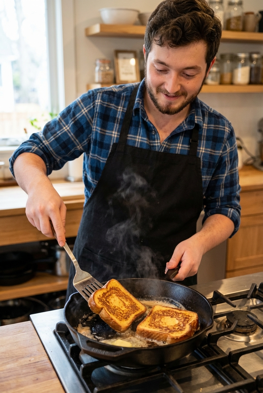 Two slices of cinnamon French toast browning in a buttered skillet with a spatula lifting one corner