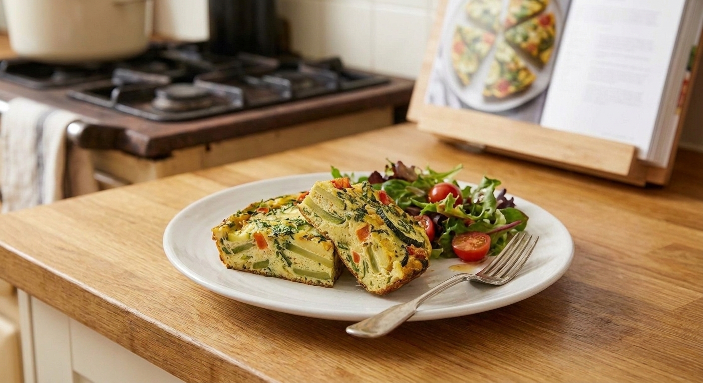 Two slices of frittata on a plate with a fork and a small side salad