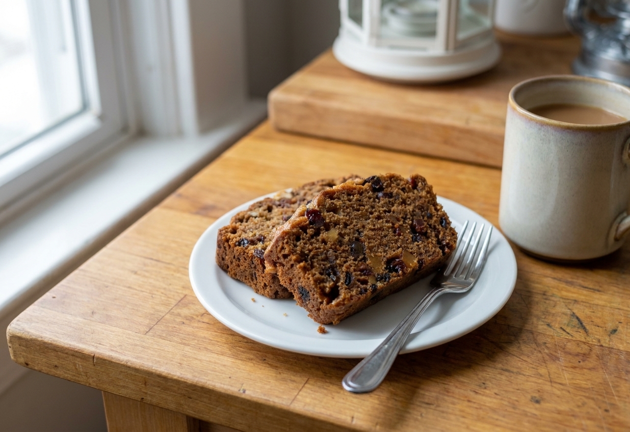 Two slices of fruit cake on a small plate with a fork and a mug on a simple kitchen table setting in soft natural light