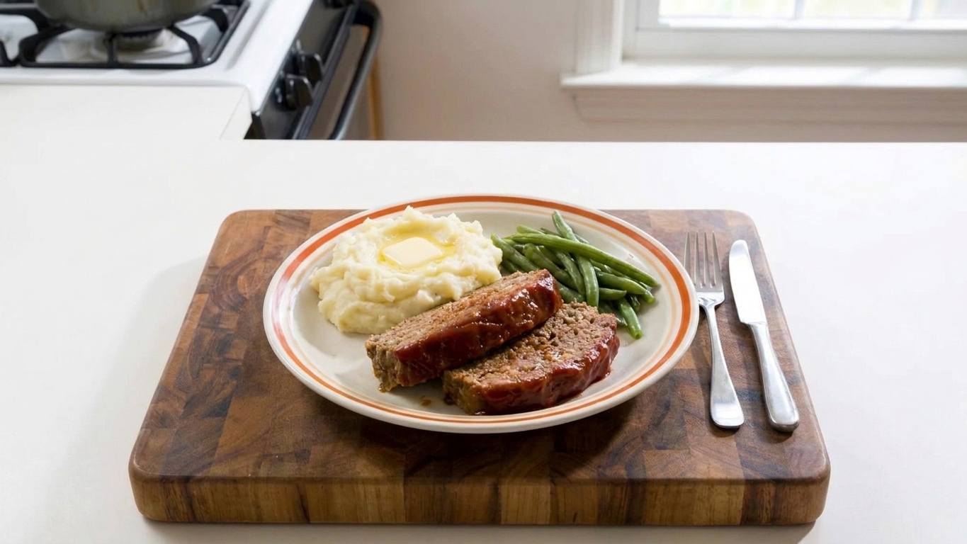 Two slices of glazed meatloaf on a dinner plate with mashed potatoes and green beans on the side
