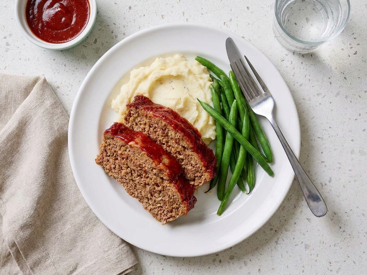 Two slices of glazed meatloaf served on a plate with mashed potatoes and green beans at a dinner table