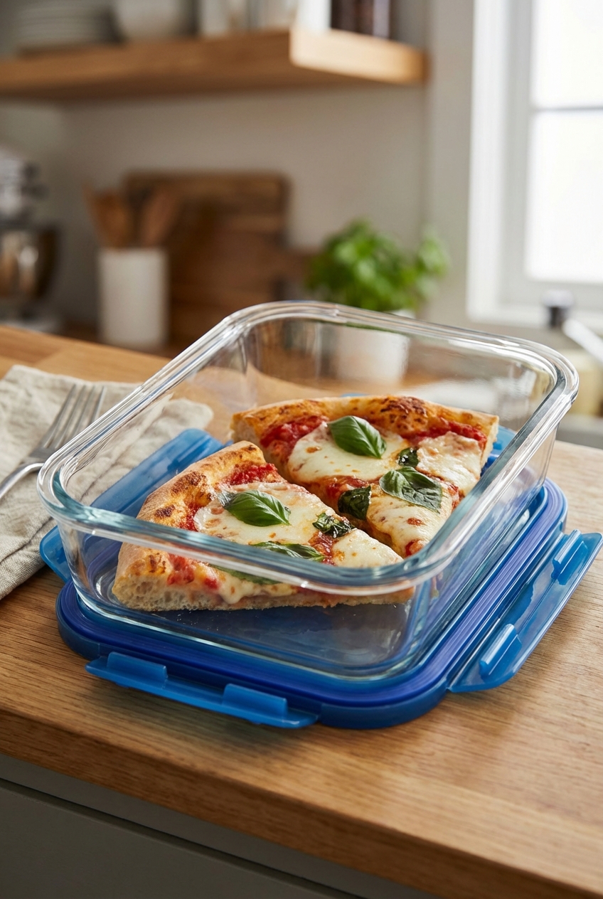 Two slices of margherita pizza stored in a glass container with a tight lid