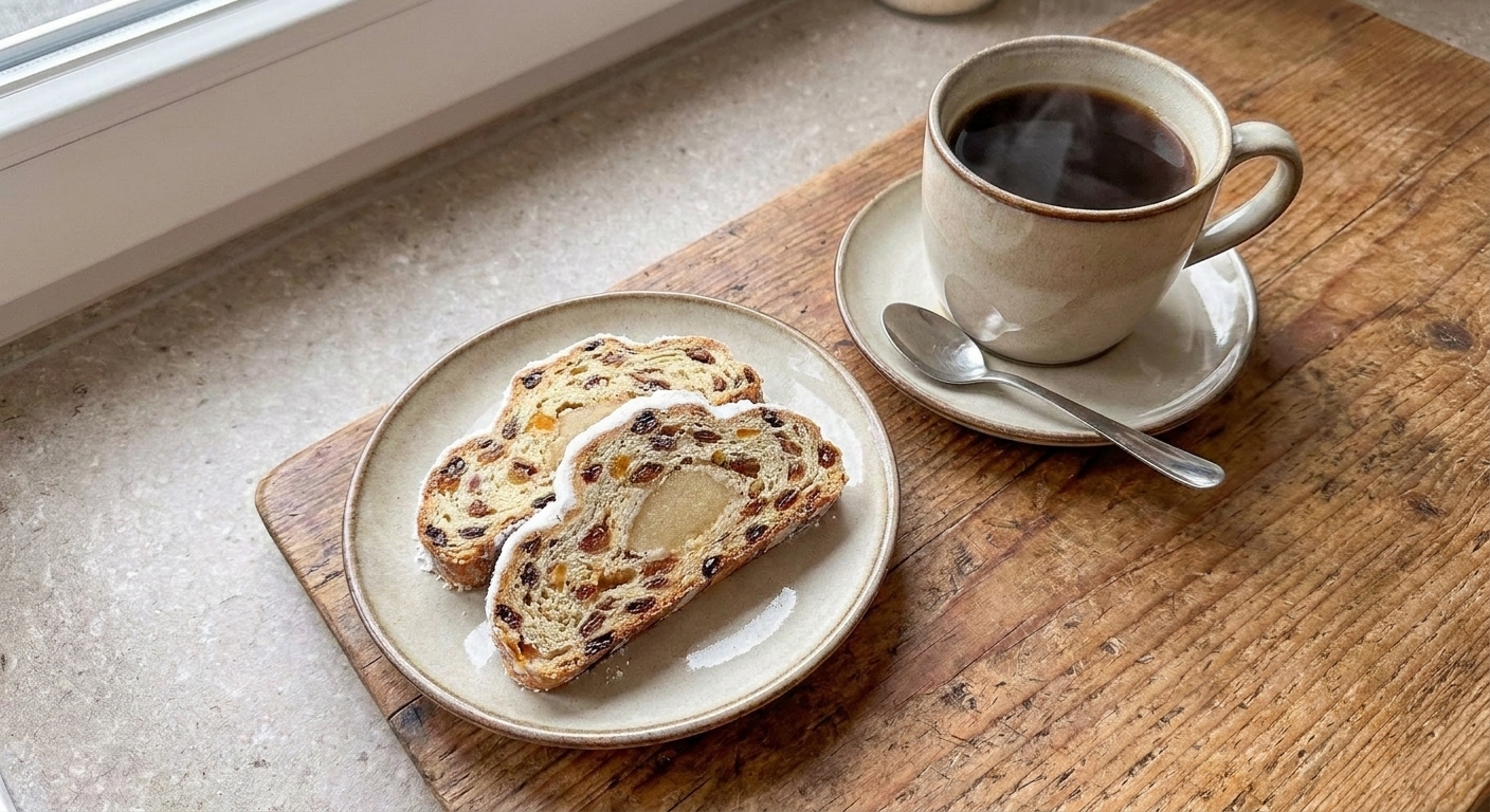 Two slices of powdered sugar dusted stollen on a small plate beside a mug of coffee on a wooden table