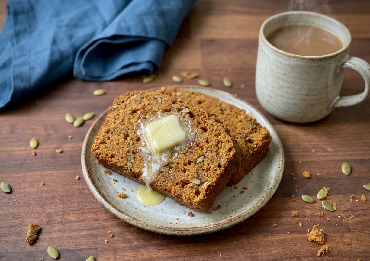 Two slices of pumpkin loaf on a small plate with a pat of butter melting on top, set on a wooden table with a mug nearby
