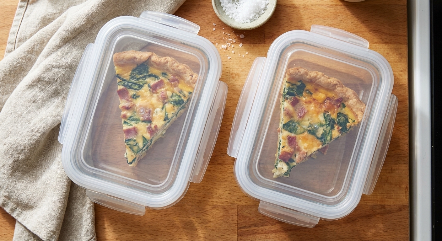 Two slices of quiche in glass meal prep containers with lids, ready for the refrigerator, overhead photo
