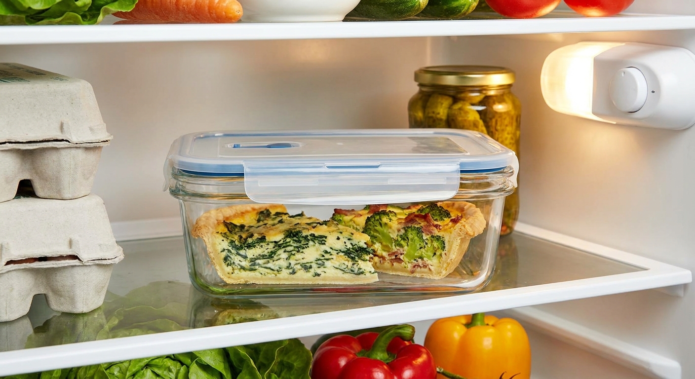 Two slices of quiche stored in a clear meal prep container on a refrigerator shelf