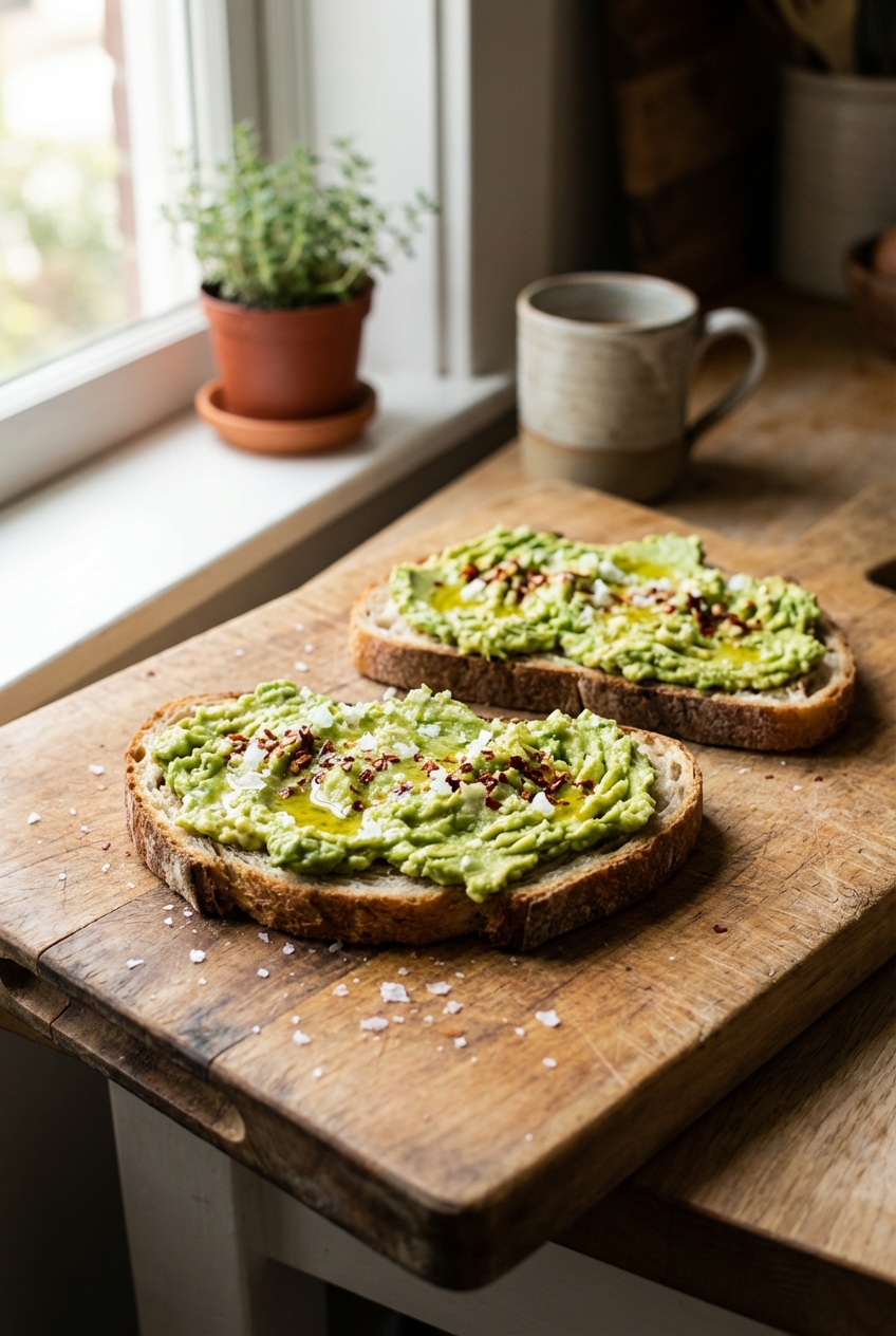Two slices of rustic sourdough toast topped with smashed avocado, flaky salt, red pepper flakes, and a drizzle of olive oil on a wooden cutting board in natural window light