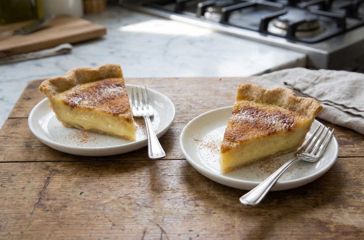 Two slices of sugar cream pie on small dessert plates with a light dusting of cinnamon, set on a wooden table with forks beside them