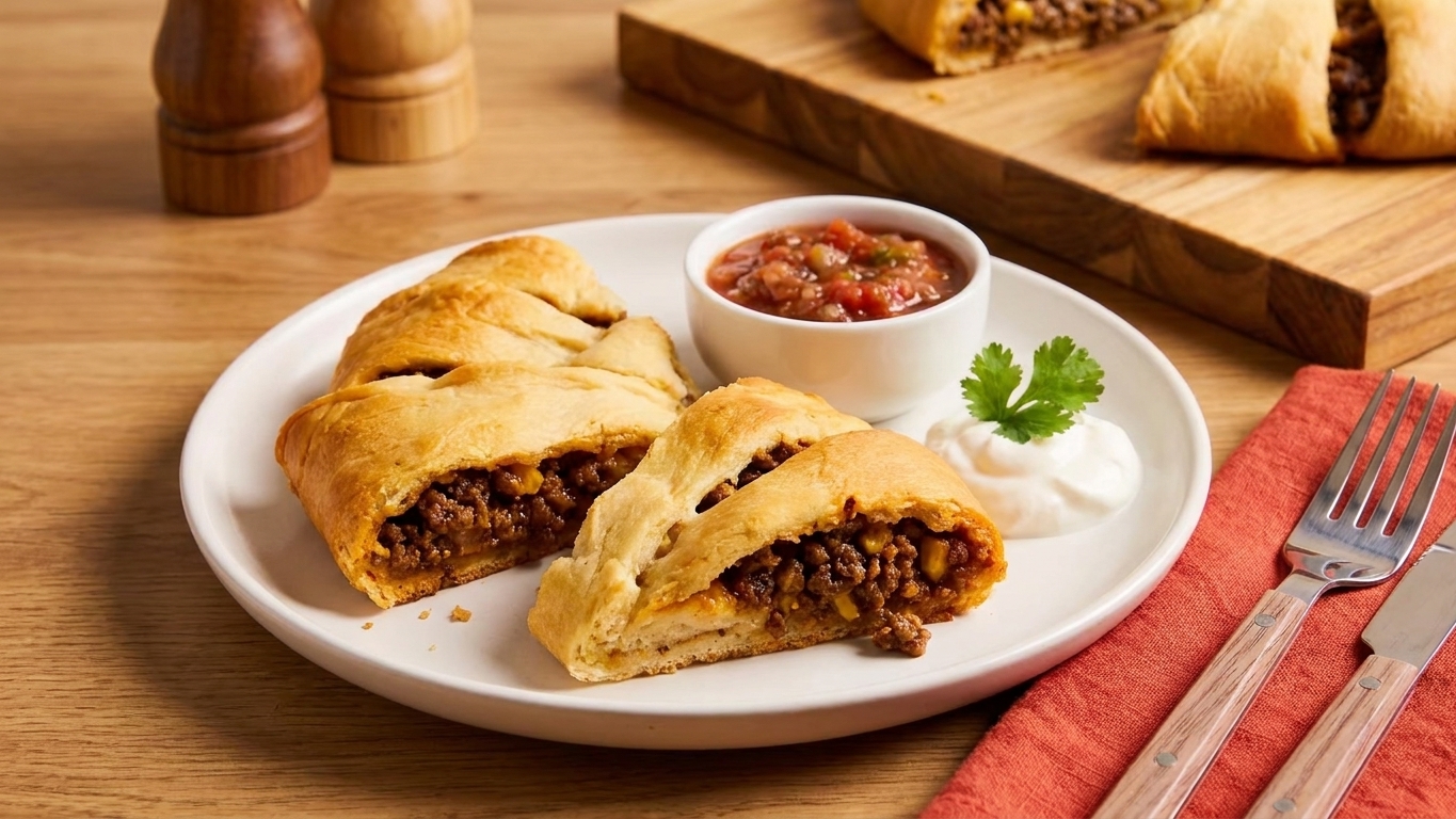Two slices of taco ring on a white plate with a small bowl of salsa and a dollop of sour cream on the side, warm kitchen table setting