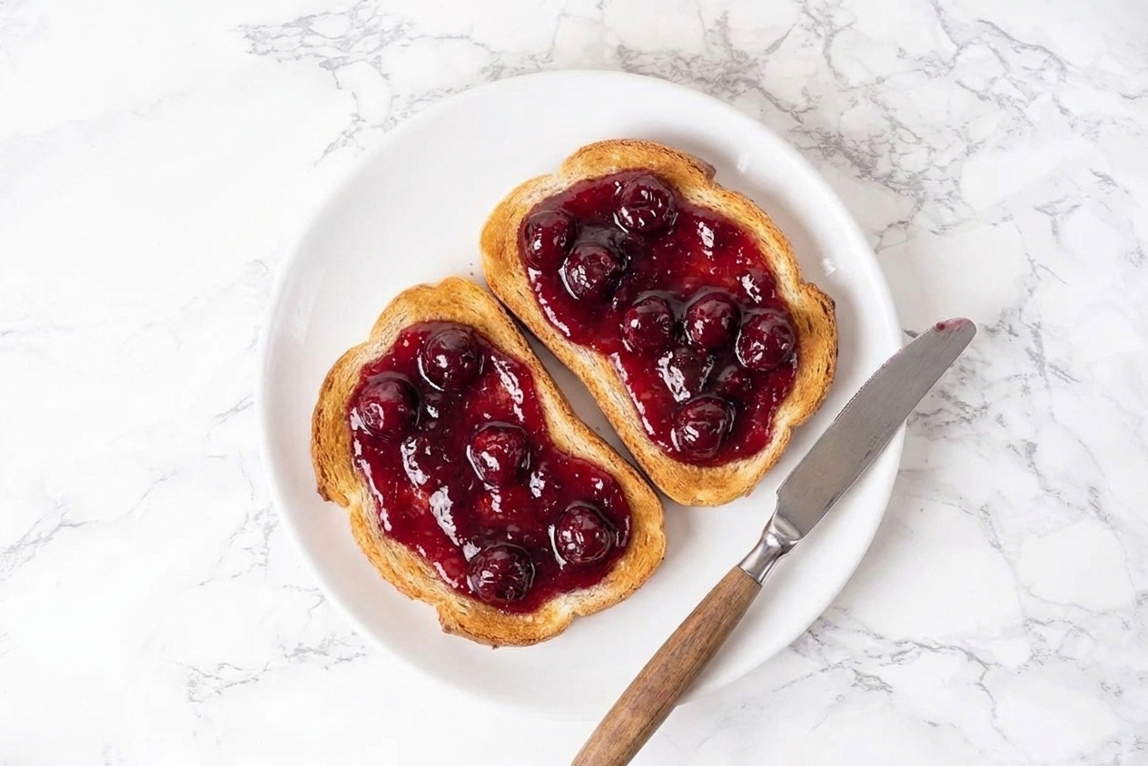 Two slices of toast spread with cherry jam on a simple ceramic plate with a butter knife on the side