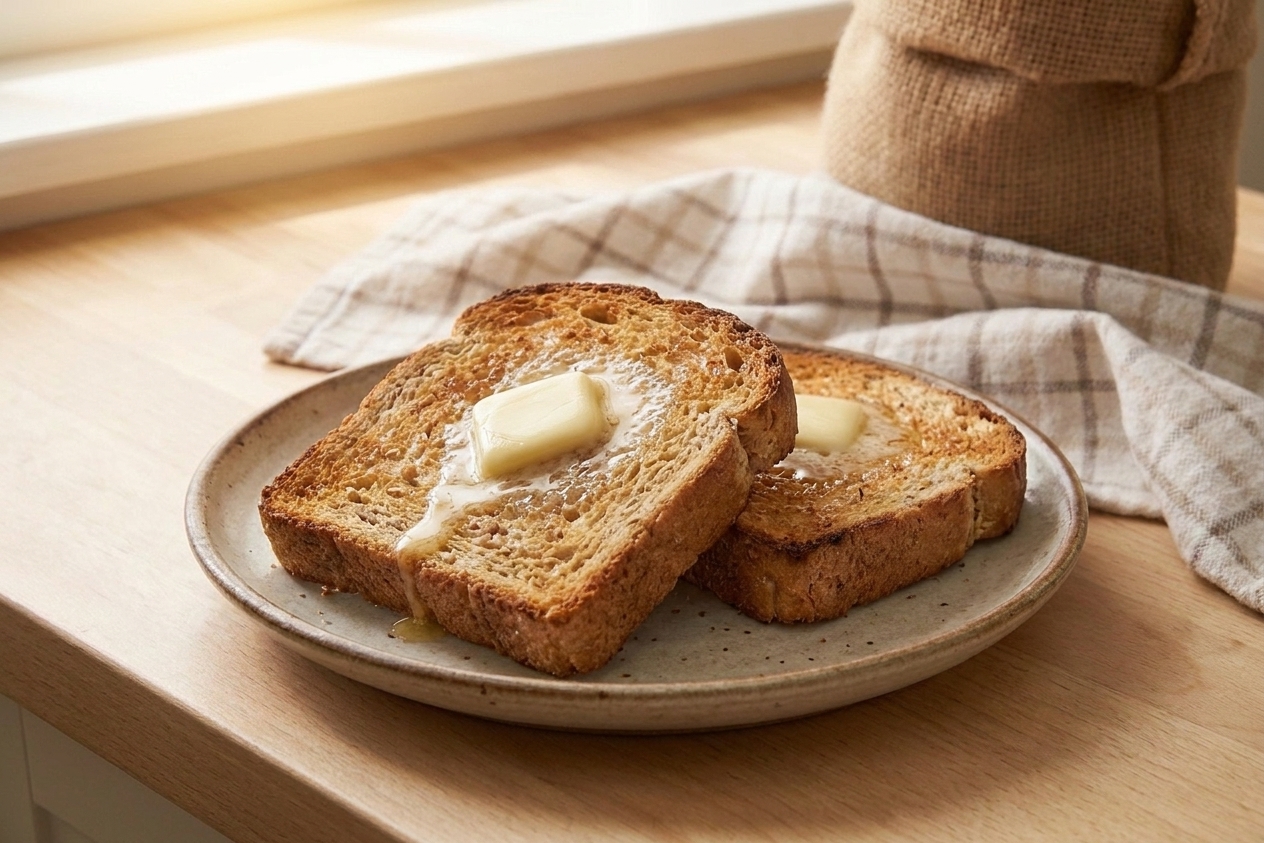 Two slices of toasted Ezekiel bread with a crisp edge and a pat of butter melting on top