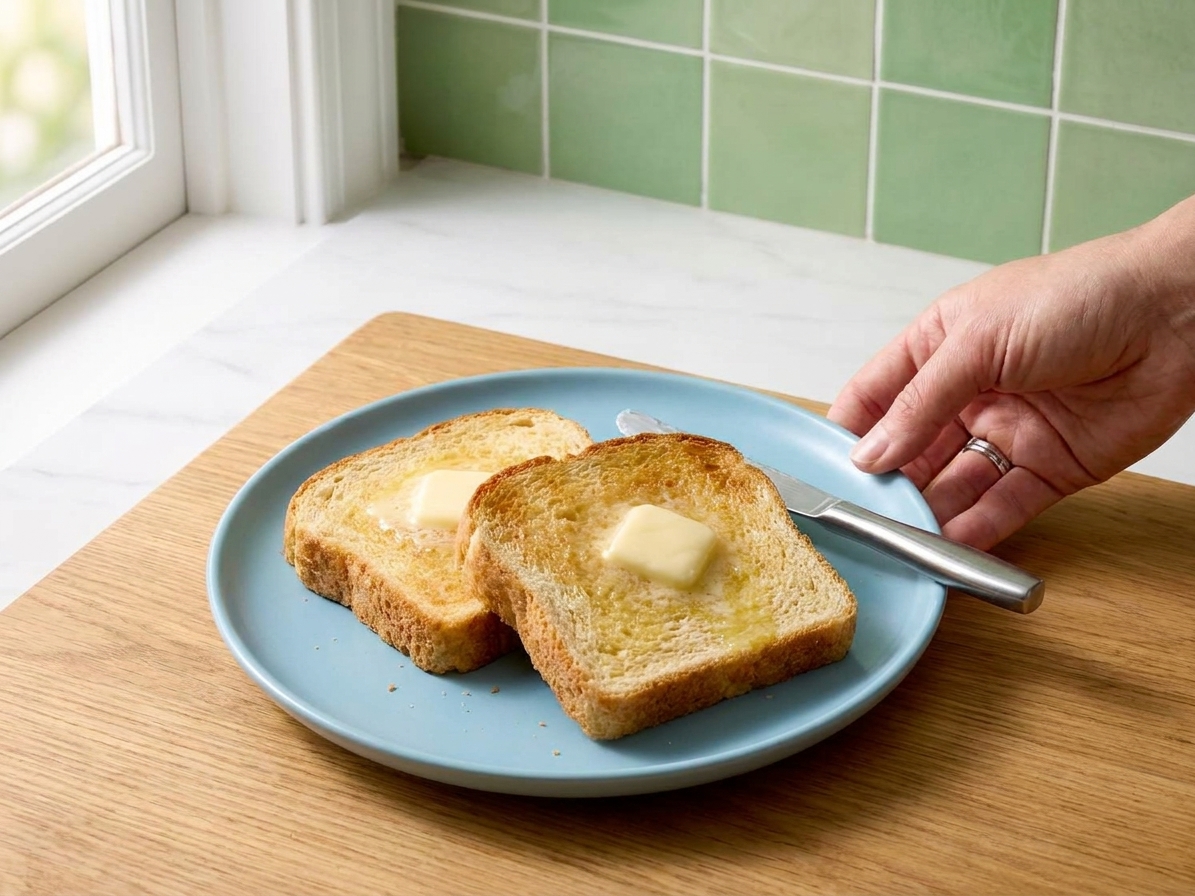 Two slices of toasted gluten free bread with butter melting on top on a simple ceramic plate at a kitchen table