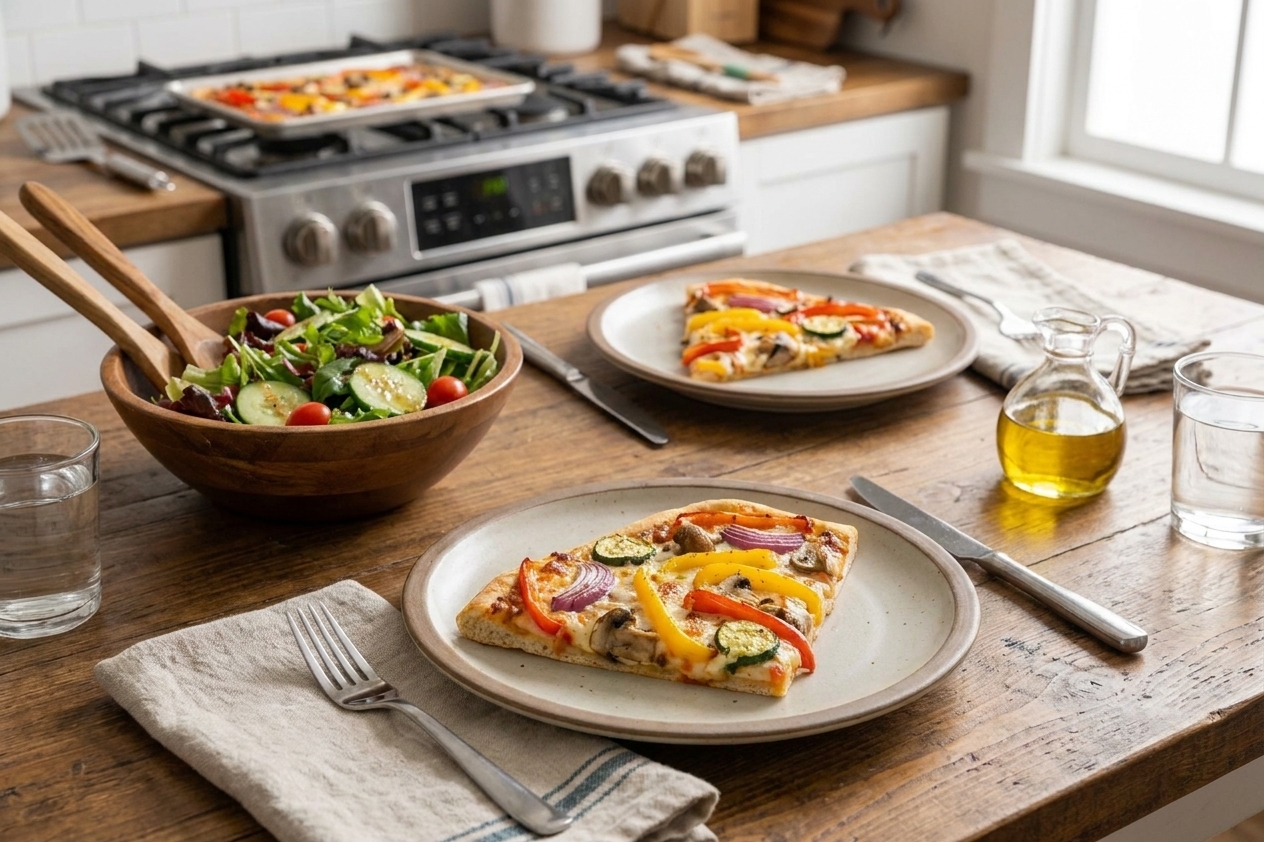 Two slices of vegetable pizza on plates with a simple salad nearby on a dining table