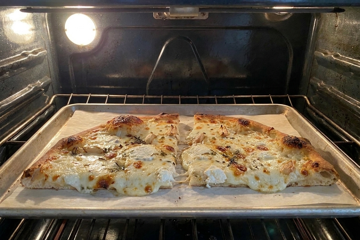 Two slices of white pizza reheating on a parchment-lined sheet pan in a home oven with the cheese bubbling