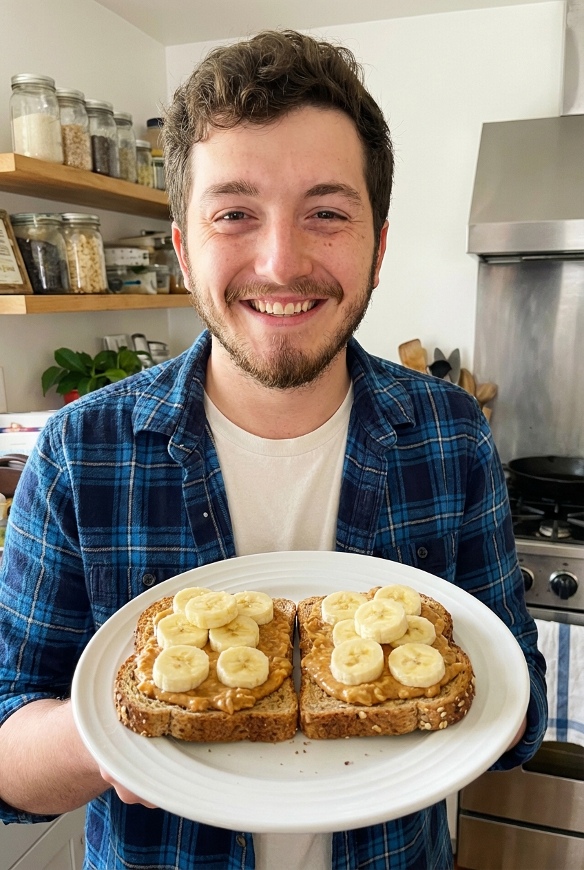 Two slices of whole grain toast topped with peanut butter and banana on a plate