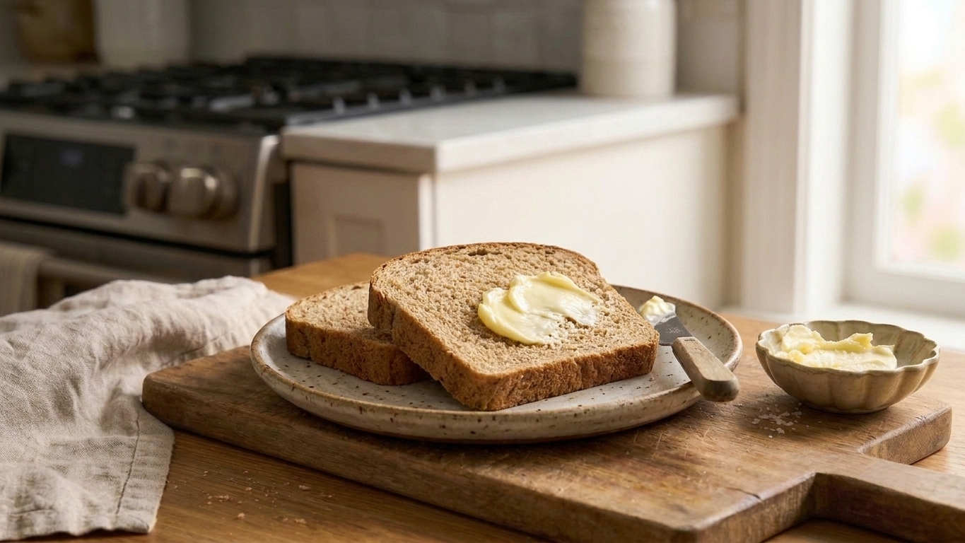 Two slices of whole wheat bread on a plate with softened butter and a small butter knife on a wooden table