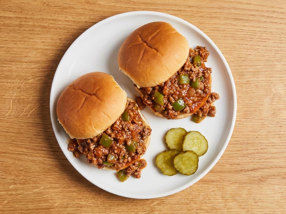 Two sloppy joe sandwiches on soft buns on a simple plate with a few pickle chips on the side on a wooden table