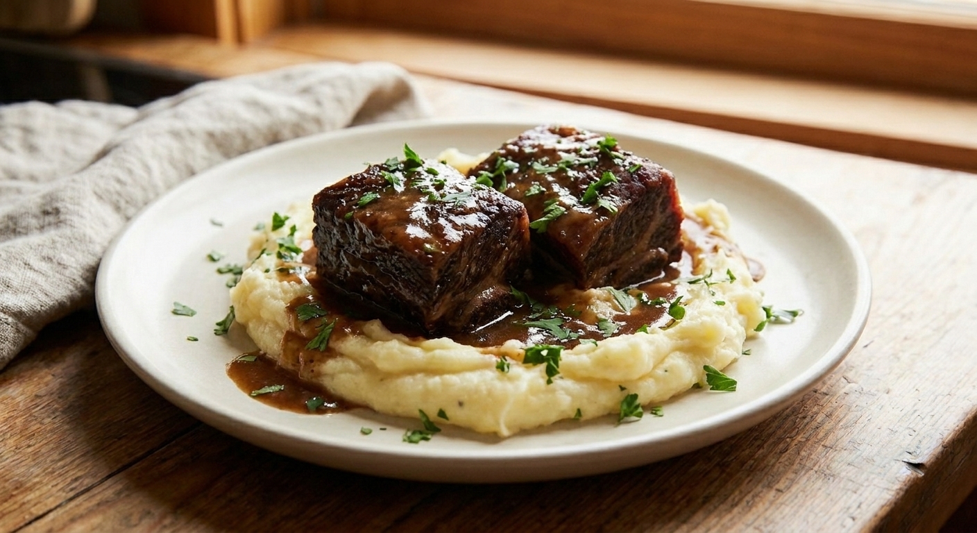 Two slow cooker beef short ribs plated over creamy mashed potatoes with ladled gravy and parsley on a simple dinner plate