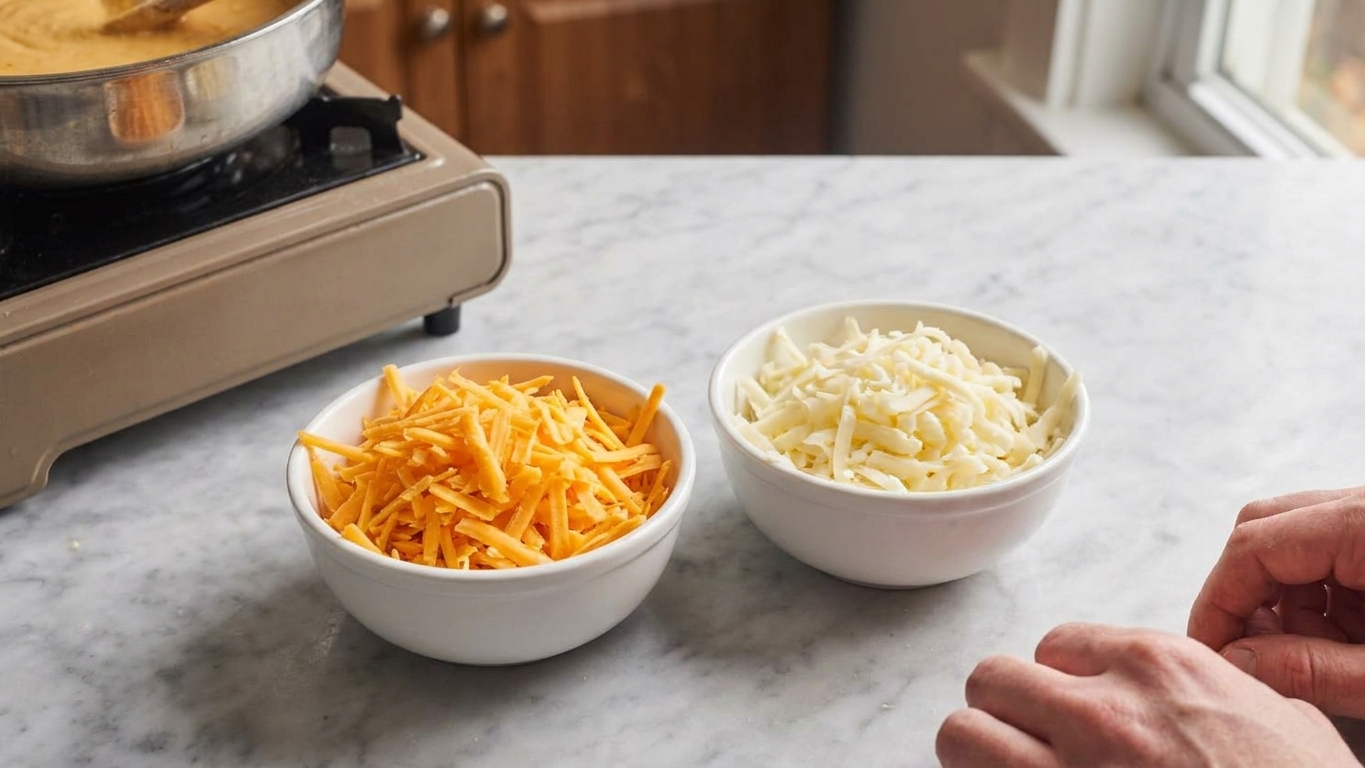 Two small bowls filled with freshly shredded sharp cheddar and shredded mozzarella on a kitchen counter