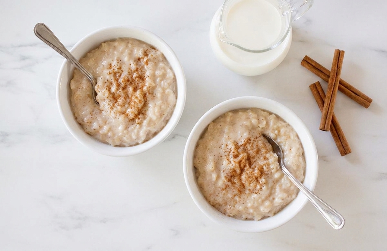 Two small bowls of Mexican rice pudding on a simple table setting with spoons, a small pitcher of milk, and cinnamon sticks nearby