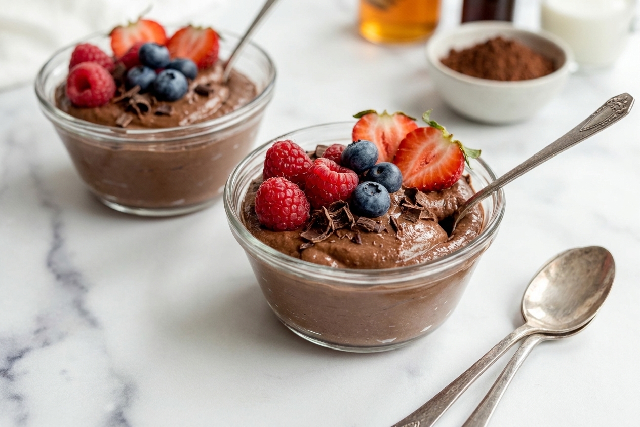 Two small bowls of chocolate protein pudding topped with fresh berries on a simple table setting with spoons